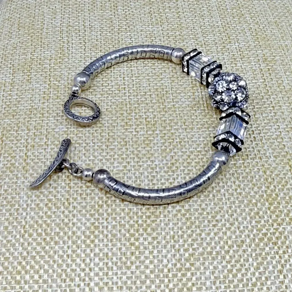 Saki 925 Sterling Silver Crystal Cube Rhinestone Bracelet Toggle Clasp 6.25 Inch